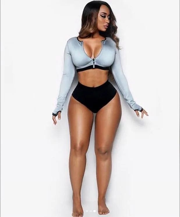 S / Gray Swimsuit 2024 new zipper long sleeve split SWIMSUIT SET