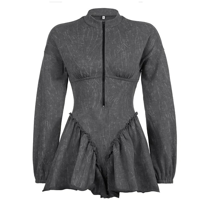 S / Gray Wholesale long sleeve acid wash a line dress fashion patchwork distressed ruffled short dresses women