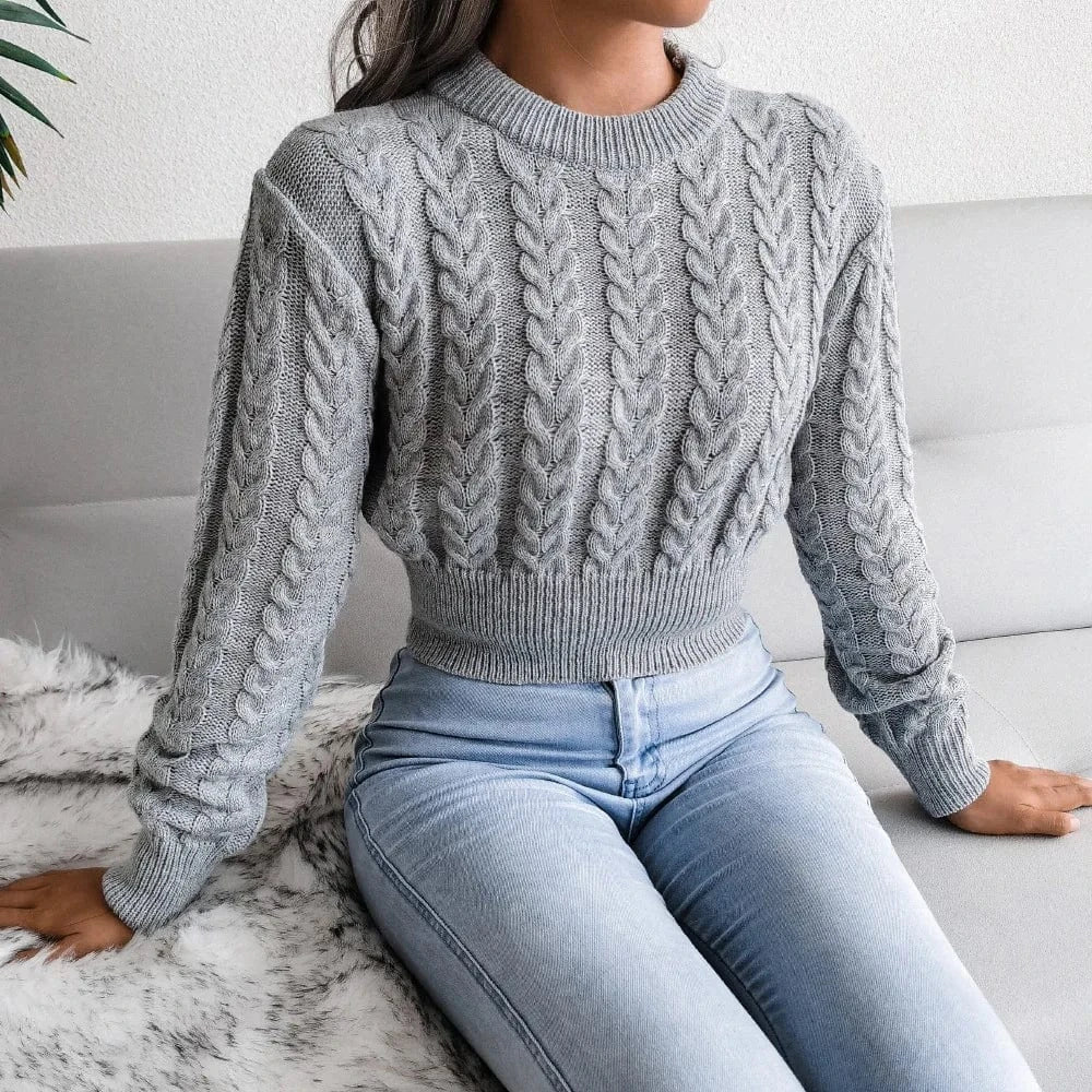S / Gray Women Twist Knitted Sweaters Autumn Winter O-Neck Long Lantern Sleeve Slim Knitwear Pullover Tops Elegance Sweet Woman Clothing
