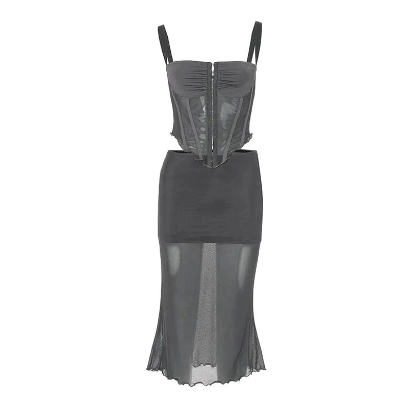 S / Gray ZHEZHE 2024 Patchwork Crop Top 2 Piece Skirt Set Corset Tops And Midi Skirt See Through Mesh Two Piece Set