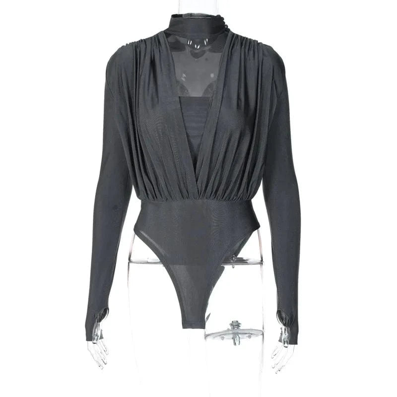 S / Gray ZHEZHE Spring 2024 New Jumpsuit Sexy V Neck Hollow Bodycon Romper Bottoming Stitching Long Sleeve Bodysuit Women