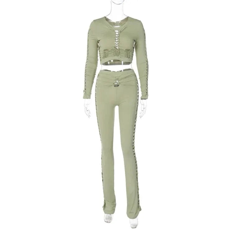 S / Green 2022 Fashion Solid Long Sleeves Cut Out Crop Top Pants 2 Pcs Matching Set Fall Irregular Sexy Y2K Outfits Women