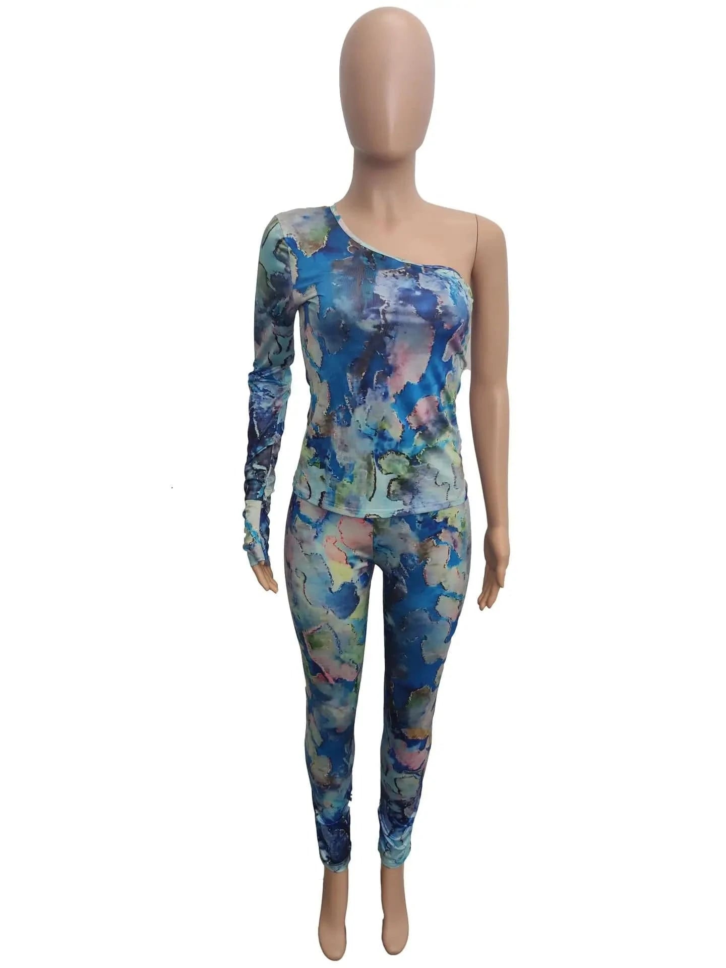 S / Green 2024 Hot Sale Tie-Dye Printed Top Suit Half-Shoulder Long Sleeve Perspective Irregular Fashion Hip Lifting Two Piece Pants Set