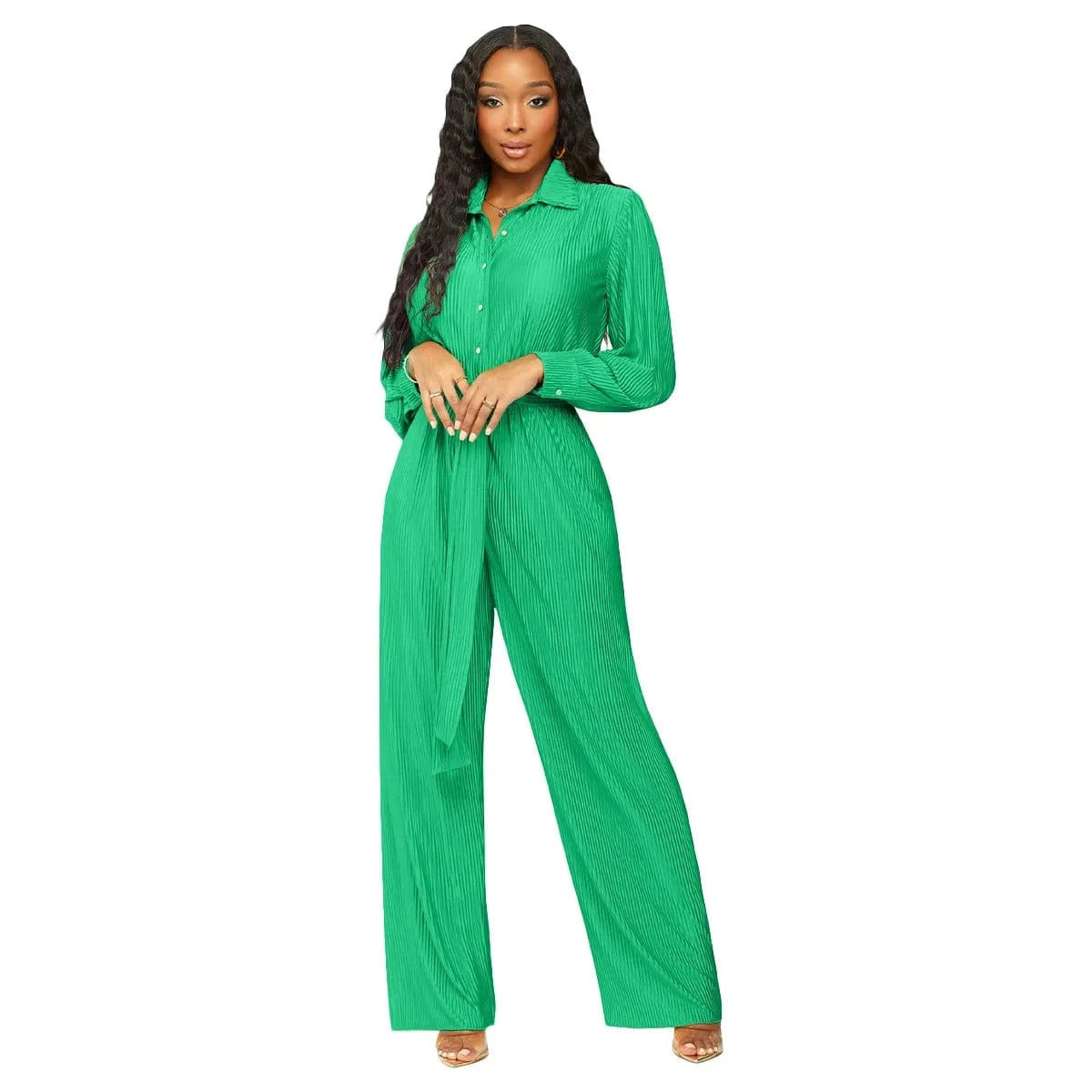 S / Green 2024 New Arrivals Hot Sale Pleat Fabric Women Wide Leg Jumpsuits Long Sleeve Plain Fall Outfit Elegance Slim Fit