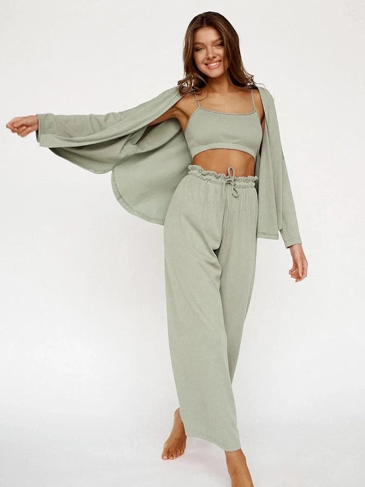 S / Green 2024 Soft Touch Ribbed Drop Sleeves Sleepwear Pajama Set Winter Sleepwear Outfits Pants 3 Pieces Women's Clothing Sets Loose