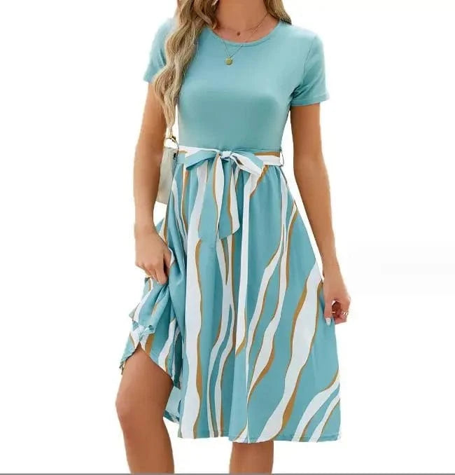 S / Green 2024 Spring Summer Women Causal Dress Solid Color Patchwork Printed Short Sleeve O-Neck Lady's Midi Casual Hem Dress