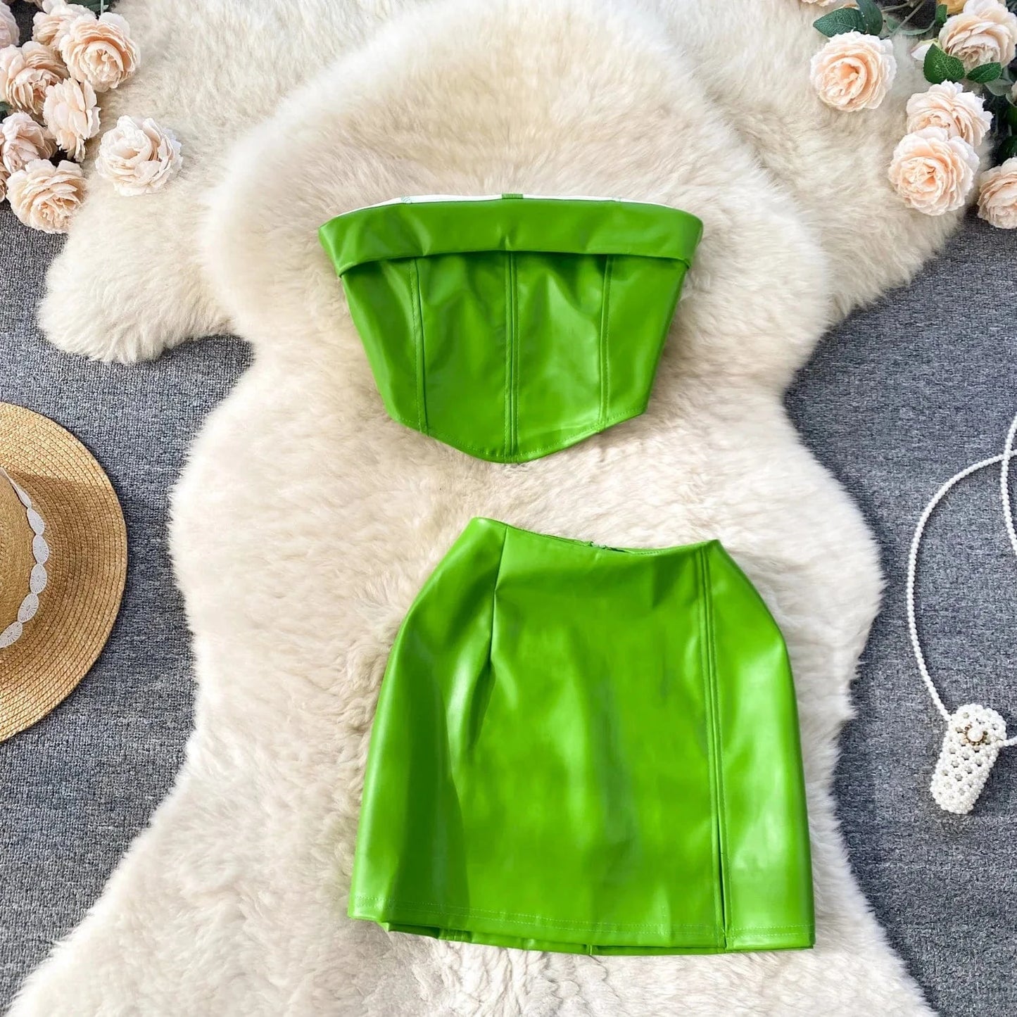 S / Green 2024 Summer Y2k 2 Piece Set For Women Sleeveless Top And High Waist Mini Dress Set American Clothing Wholesale