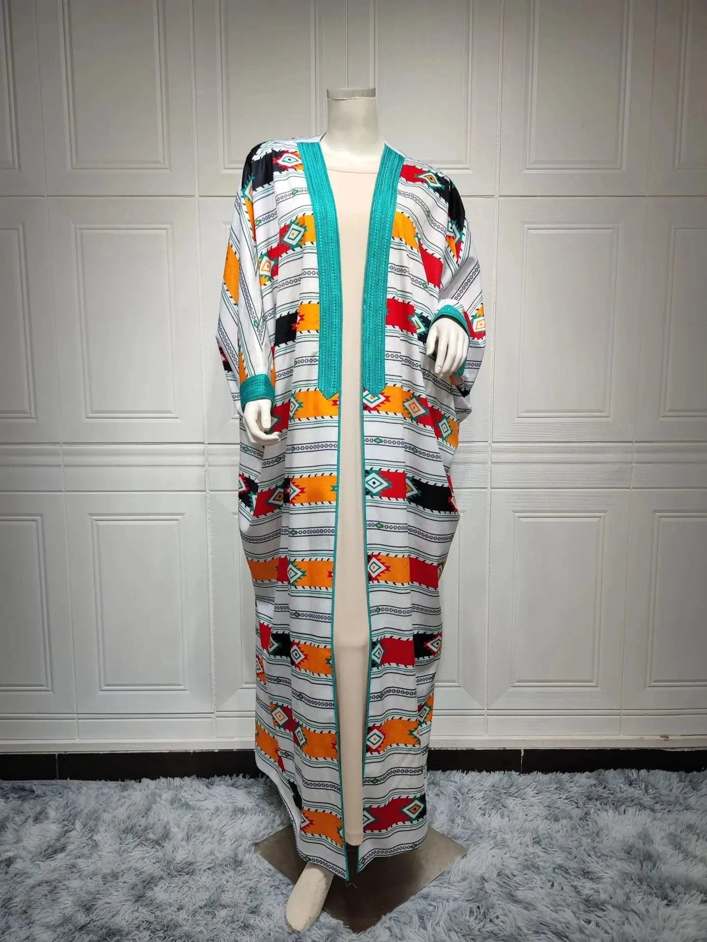 S / Green AB198 Traditional Muslim Clothing Middle East Stripe Bat Sleeve Muslim Vest Cardigan Two piece Abaya Set Muslim women Dress