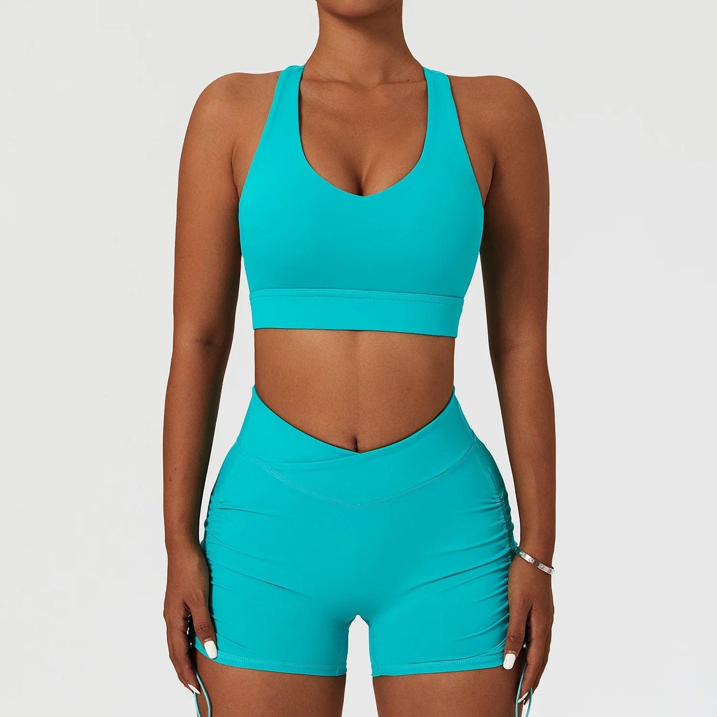 S / Green B High Impact Bra and Cross V Waist Shorts Yoga Biker Set 2 PCS Stretchy Nylon Workout Running Clothing 2024 Women Gym Sportswear