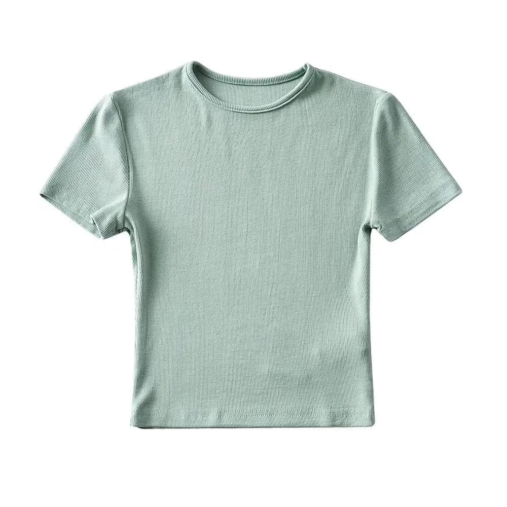 S / Green DAMOCHIC High quality Solid Color T Shirts Summer Short Sleeve Basic Blouses Round Neck Short Sleeves Crop Tops T Shirts 2023