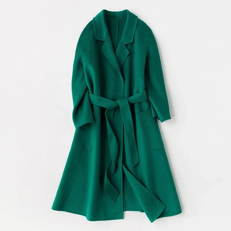 S / Green Factory Loose Belted Wool Coats Water Wave Turn Down Collar Elegant Women Cashmere Coat