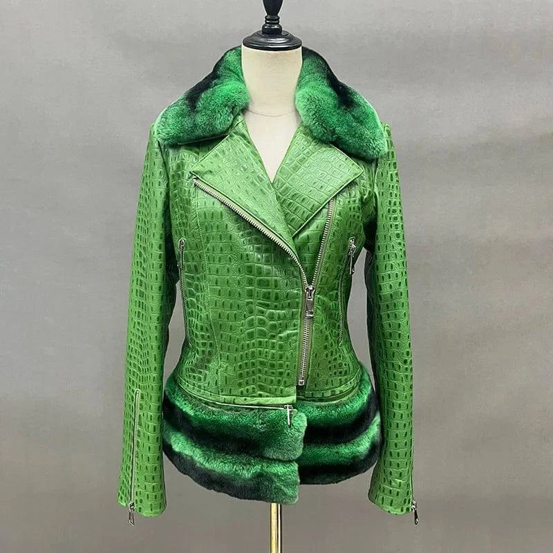 S / Green Fashionable Crocodile Print Fur Trim Sheep Leather Shearling Jacket Women Leather Jacket With Detachable Rex Rabbit Fur