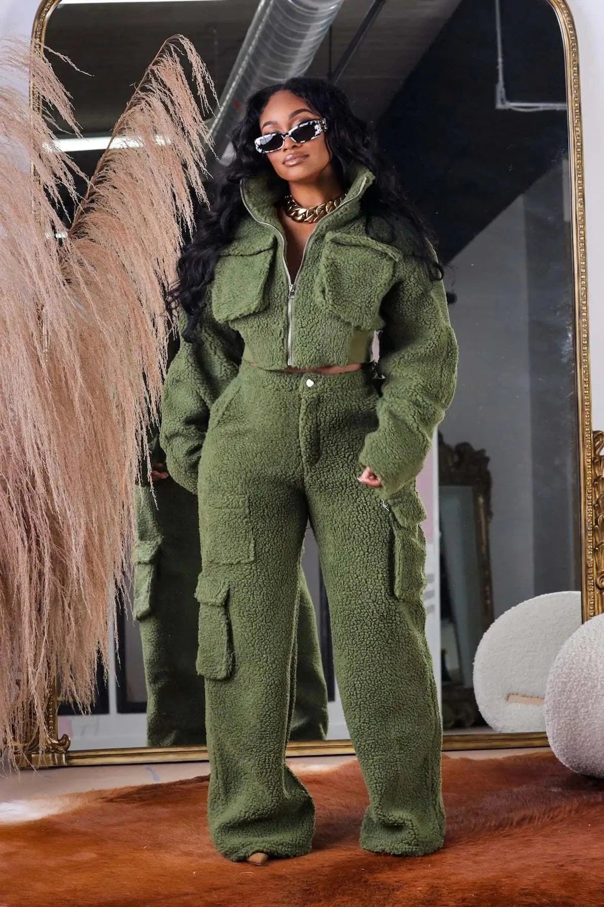 S / Green GX8701 Fashion Winter Warm Woolen Fleece Pocket Long Sleeve Jacket and Pant 2 Piece Set Women
