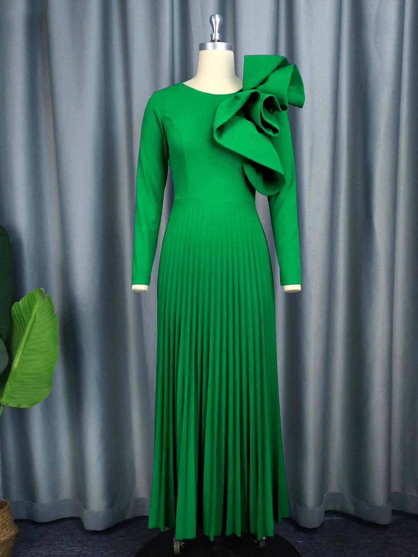 S / Green High Waist Maxi Pleat Church Dresses Ruffle Hot Pink Ladies Evening Dress