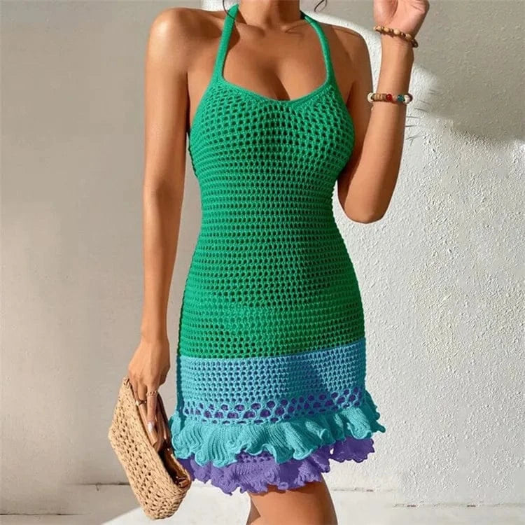 S / Green Knit Women Halter Bud Dress Summer Patchwork Skinny Bodycon Vacation Clubwar