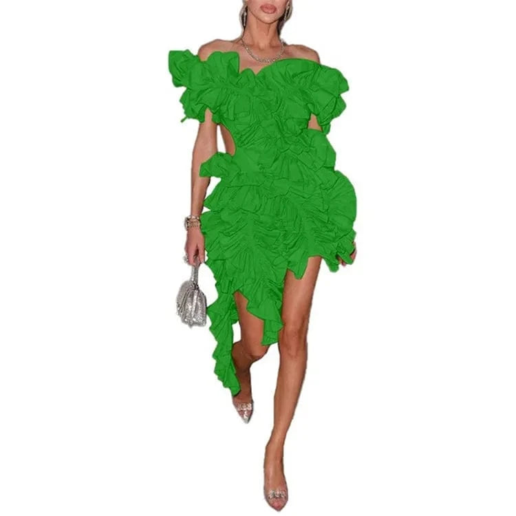 S / Green Ladies Spring Sleeveless Backless V-Neck Ruffle New Fashion Mini Dresses For Women Asymmetrical Ball Gown Evening Party Clubwear