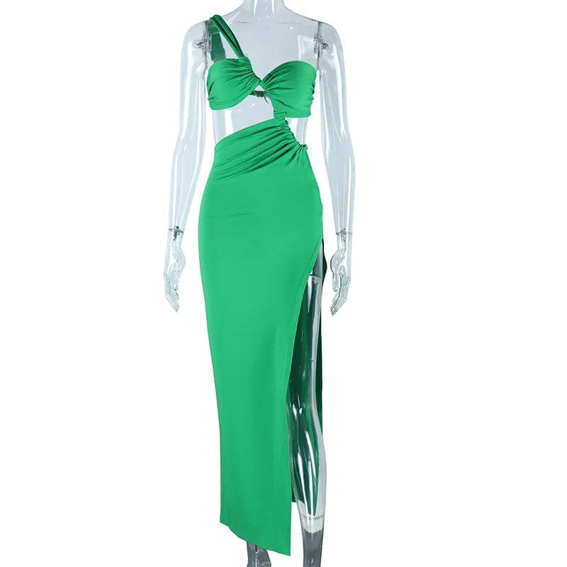 S / Green Oblique Shoulder Celebrity Style Split Dress modest evening dress women casual bodycon dresses for 2024