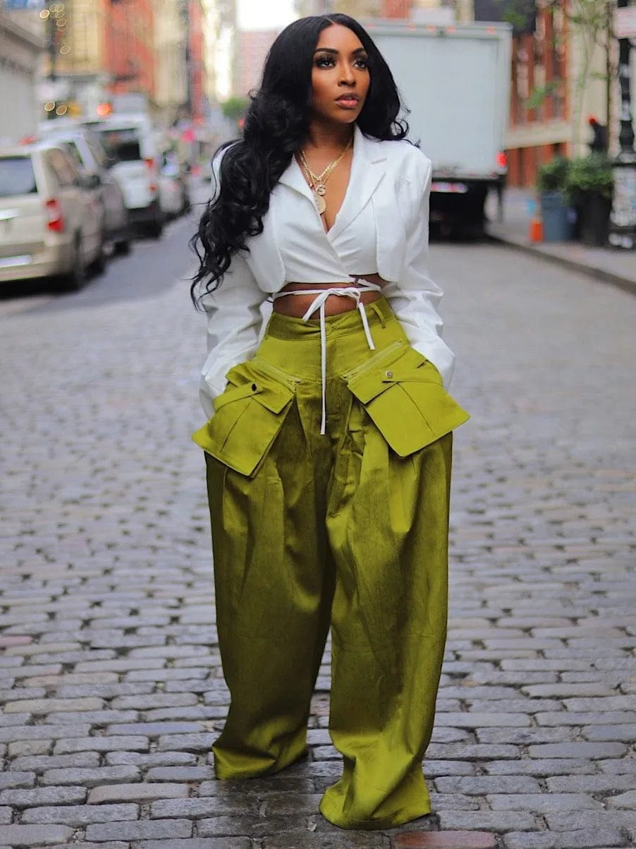 S / Green OUDINA 2024 Spring Oversized Loose Detachable Three-dimensional Pocket Wide Leg Pant Casual Trousers Women's Pants