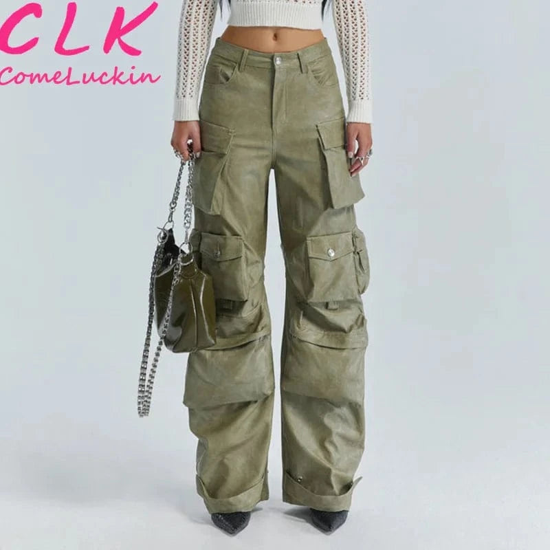 S / Green Pu Leather 2024 New Arrivals All-Match Multi Pocket Cargo Pants Fall Women's Clothing Fashion Loose Pu Leather Pants
