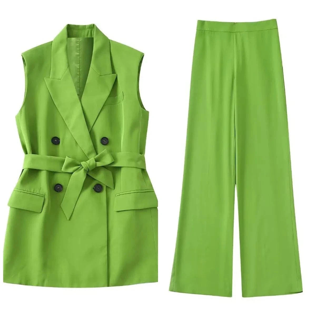 S / Green RedPeony Fashion 2023 Coats Women V Neck Double Breasted Sashes Long Sleeveless Jackets Office Lady Solid Green Vest Blazer Set