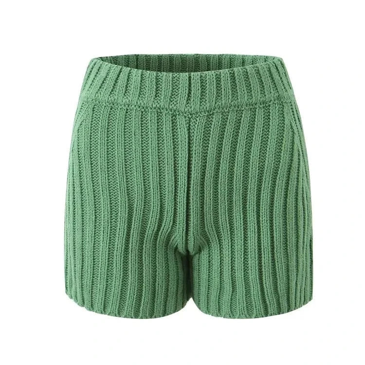 S / Green-Shorts ZHEZHE Autumn Winter Knitted Women 2 Piece Sets Soild Long Sleeve Pullover Top and Casual Shorts Street Outfits
