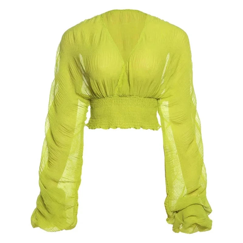 S / Green / Silk / Cotton ZHEZHE 2024 Spring New Arrivals Fashionable Bubble Sleeve Pleated Top Versatile Deep V Sexy Chiffon Shirt Tops