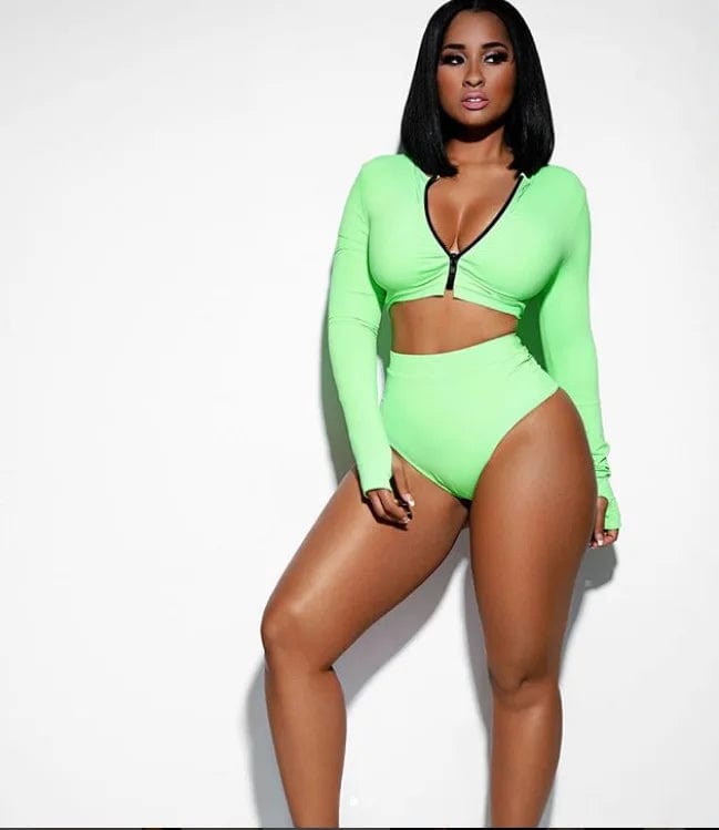 S / Green Swimsuit 2024 new zipper long sleeve split SWIMSUIT SET