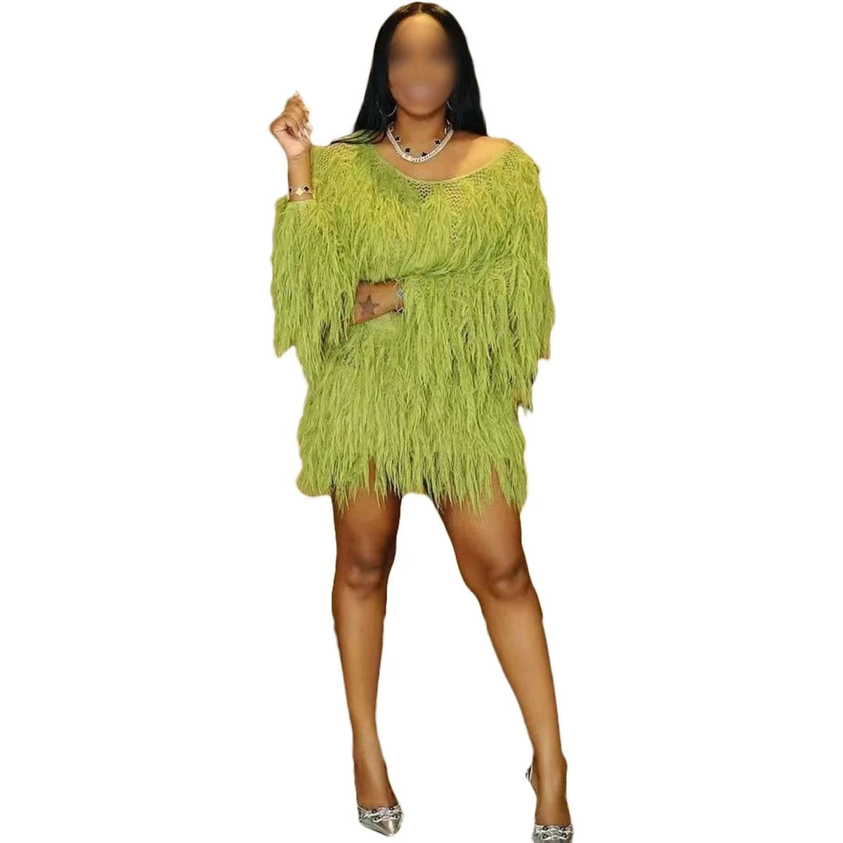 S / Green TK6311 Spring Women Clothes Knitted Casual Crop Top 2 Piece Set Long Sleeve Tassel Skirts Two Piece Sets For Women Clothing