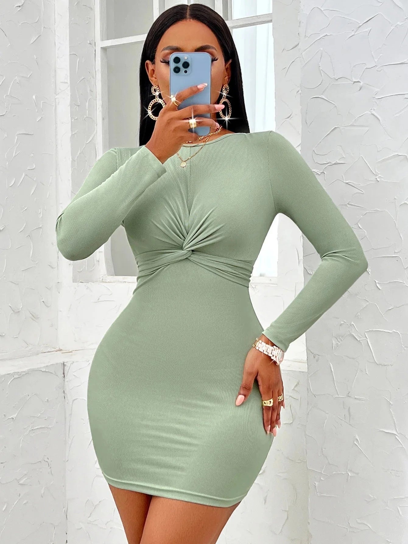 S / Green Wholesale new 2024 women's clothing ladies sexy night club casual crewneck twisted long sleeve women bodycon skirt dress