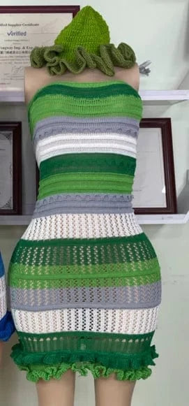 S / Green with hats 2024 women clothes set Y2k casual dresses tube Top Dress cute lace knitted Striped sleeveless summer dresses