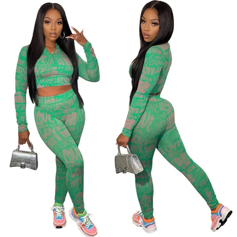 S / green With Stretch Women Clothing Printing 2 Piece Set Casual Outfits Letter Two Piece Pants Set Fall 2022 Women Clothes