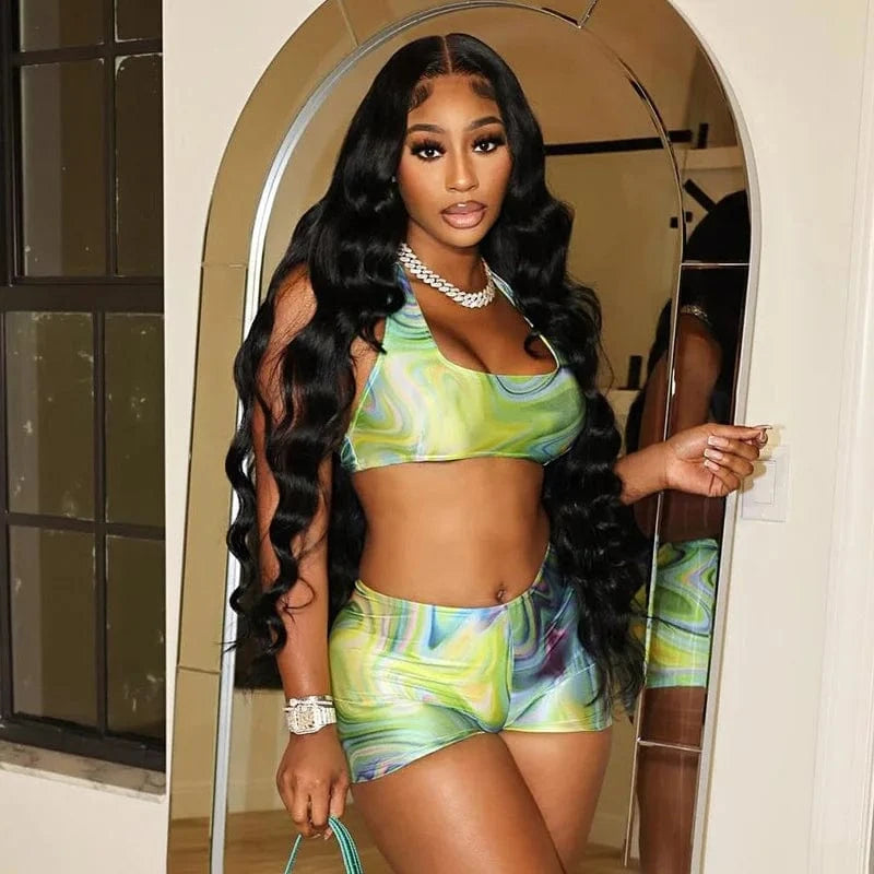 S / Green Women's Summer Clothing 2 Piece Shorts Set Printed Halter Crop Top and Elastic Shorts Two Piece Sports Tracksuits Set 2024