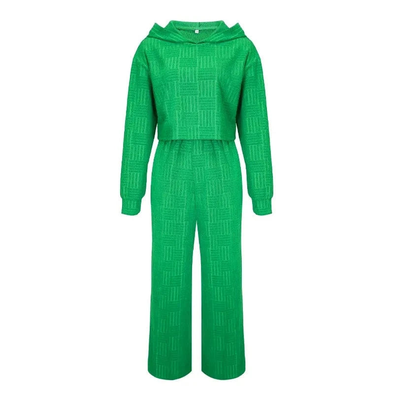 S / Green Womens Outfits Towel Hooded Sweatshirt Female Sweater Suit Long Sleeve Crop Top High Waist Two Piece Wide Leg Pants Set