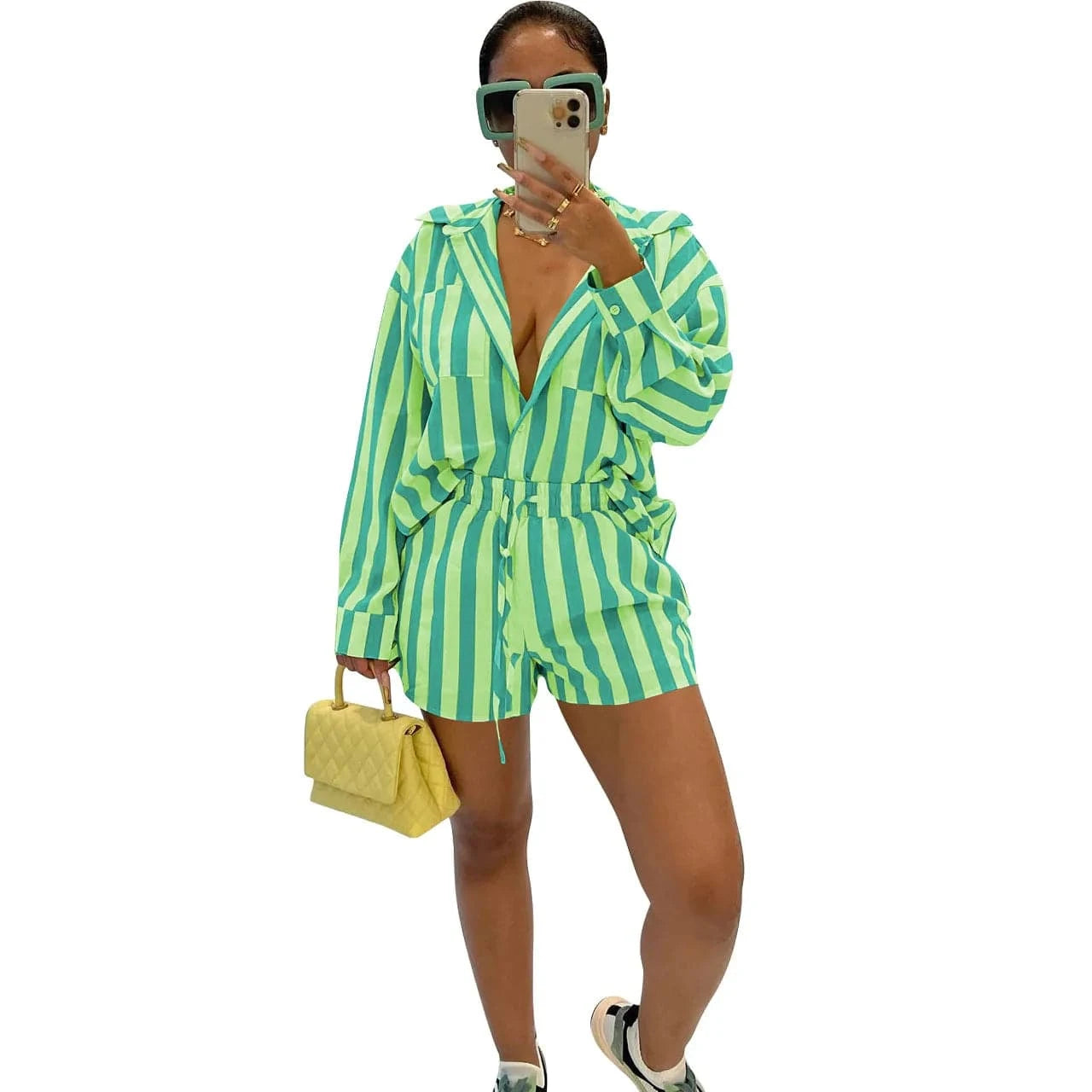 S / Green YD8762 New collection fall 2024 women clothes stripe long sleeve shirts mini shorts women's sets casual loungewear two piece set