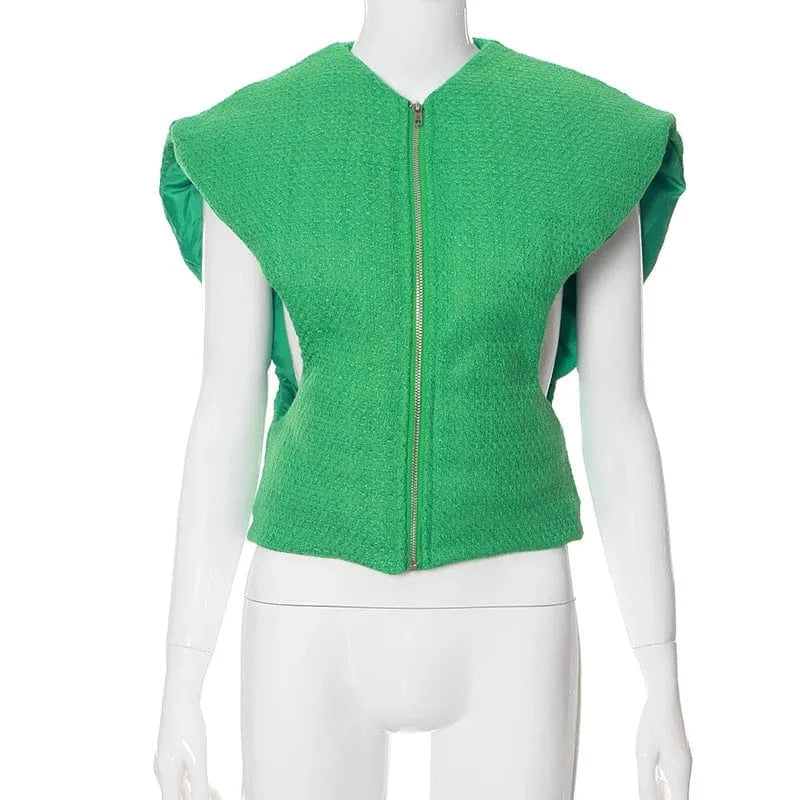 S / Green ZHEZHE 2024 Fall Winter Puffy Vest Top Women Outfits Sleeveless Zipper Thick Warm Coat Fashion Puffer Jackets
