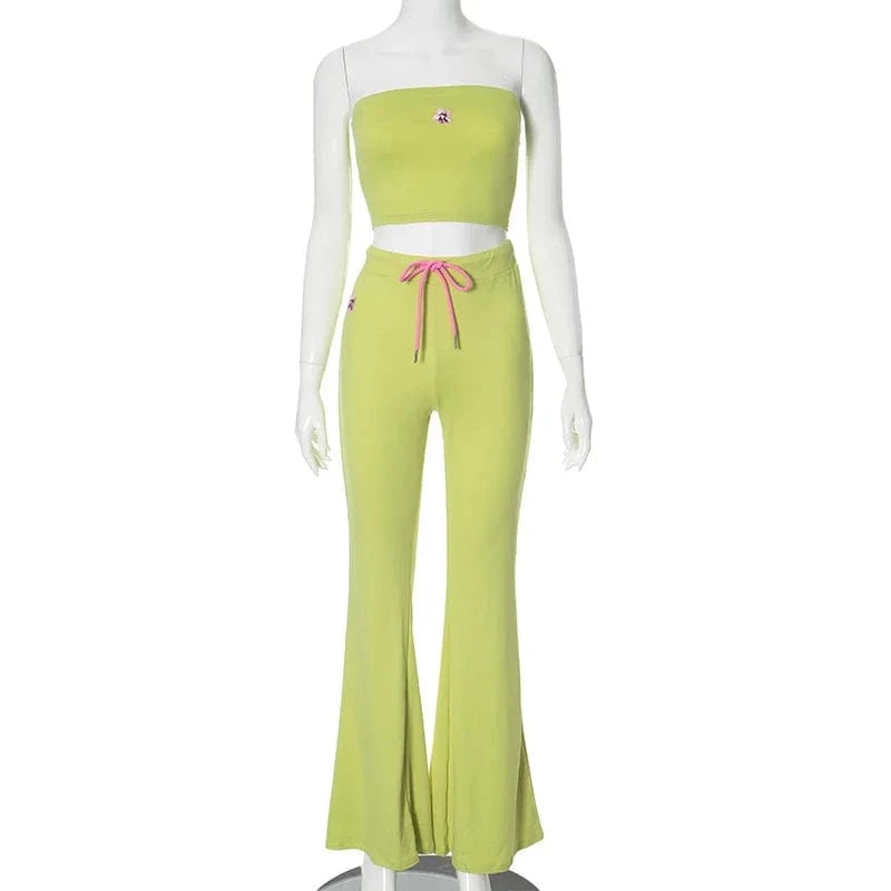 S / Green ZHEZHE Fashion 2024 Summer Clothing Boutique Street Wear Cute Embroidery Tops and Flare Pants Women 2 Piece Set