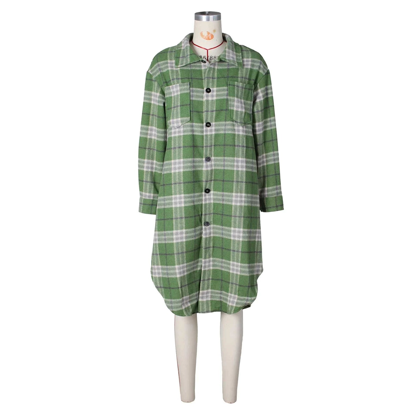 S / Green ZHEZHE Good Quality 2024 Spring Women's Lapel Neck Retro Plaid Printed Ladies Long Coat Elegant Women's Jacket