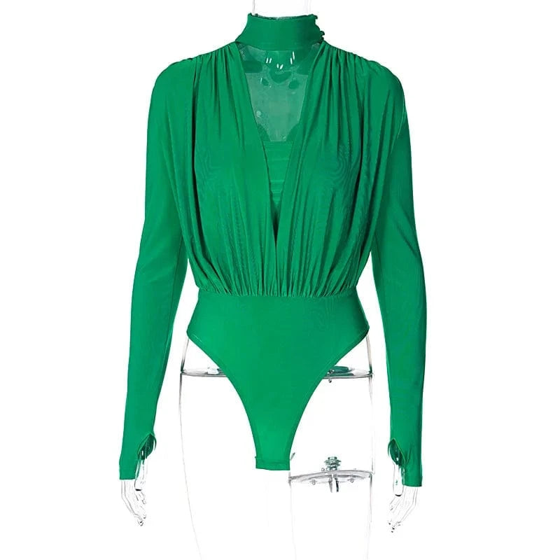 S / Green ZHEZHE Spring 2024 New Jumpsuit Sexy V Neck Hollow Bodycon Romper Bottoming Stitching Long Sleeve Bodysuit Women