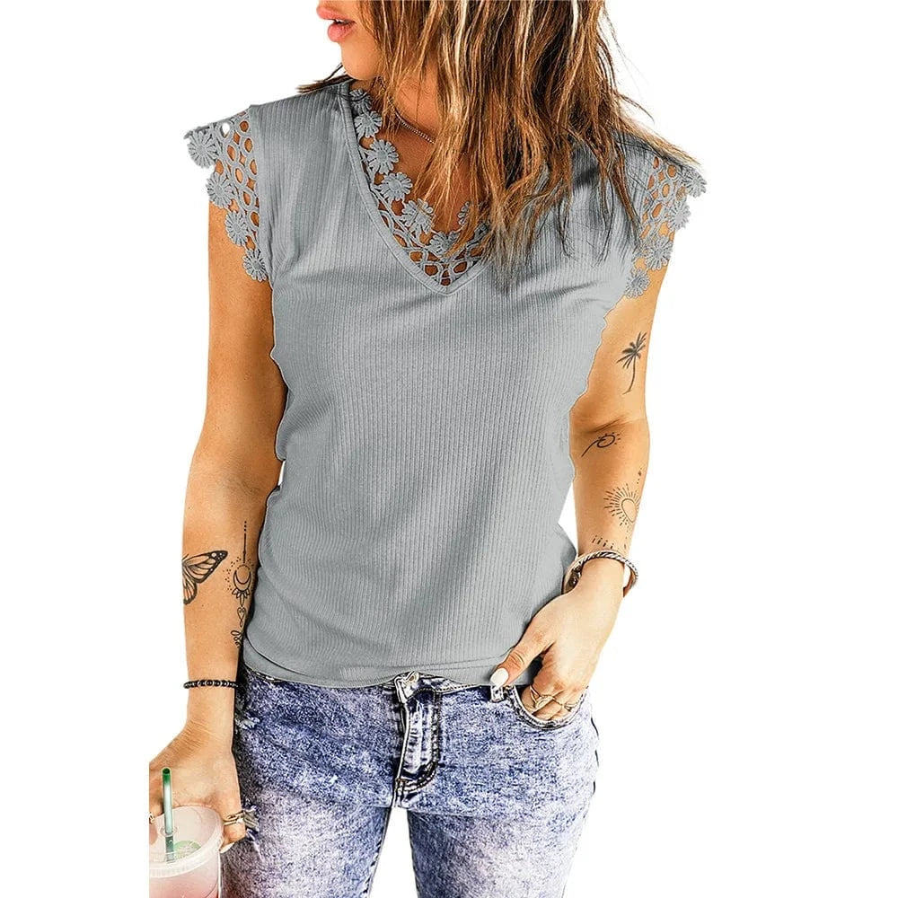 S / Grey 2023 New Wholesale Custom Women Tops Clothing Summer Vest Sexy V-Neck Solid Color Ribbed Lace Tank Top
