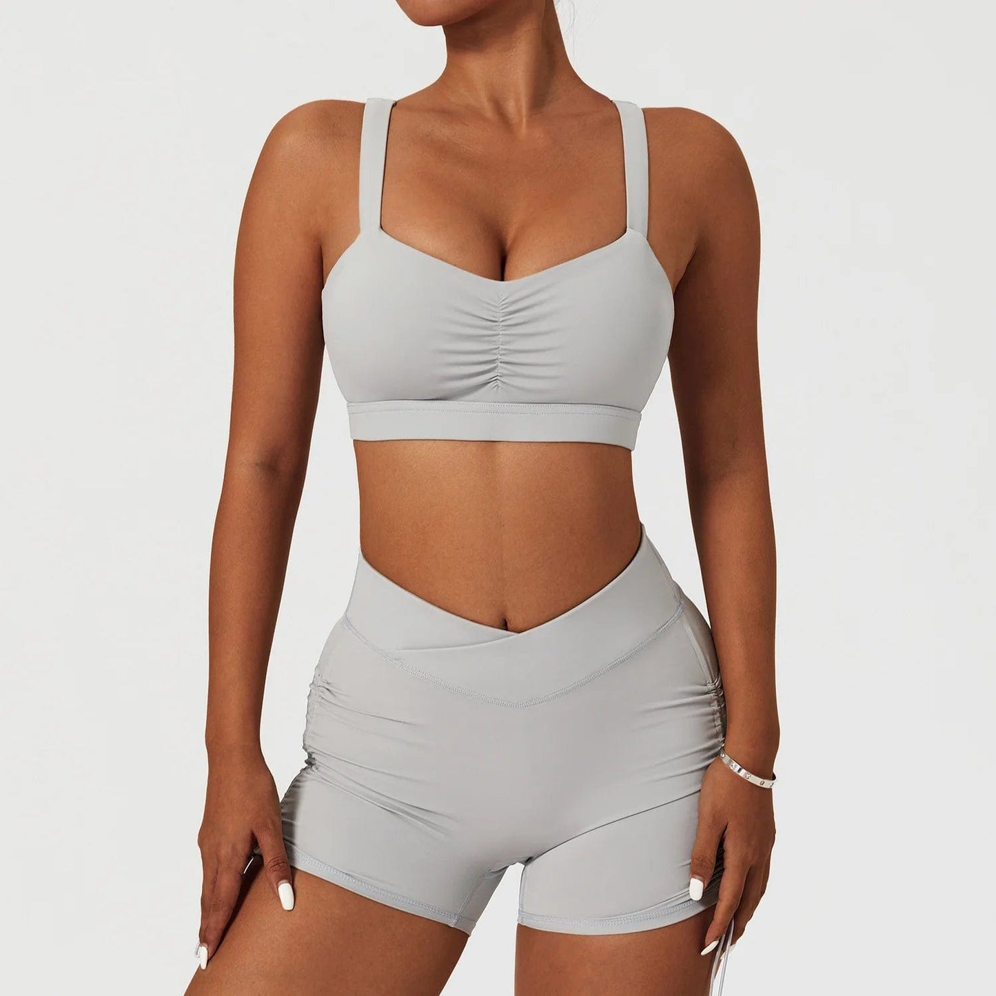 S / Grey A High Impact Bra and Cross V Waist Shorts Yoga Biker Set 2 PCS Stretchy Nylon Workout Running Clothing 2024 Women Gym Sportswear