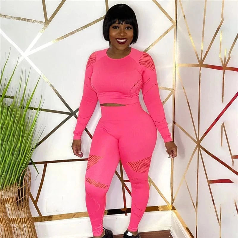 S / hot pink High Quality Spring 2023 Women s Clothing 2 Piece Outfits Pants Set Long Sleeve Womens Tights Fitted Leggings Set Winter