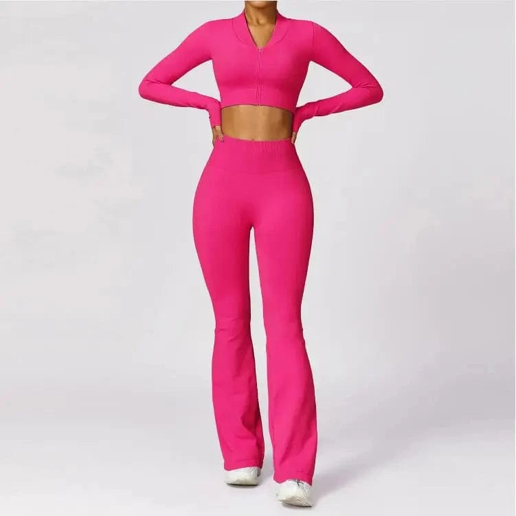 S / hot pink Hot selling 2024 new Women Compression Stretchy Seamless Scrunch Back Flare Pants and Jacket Set