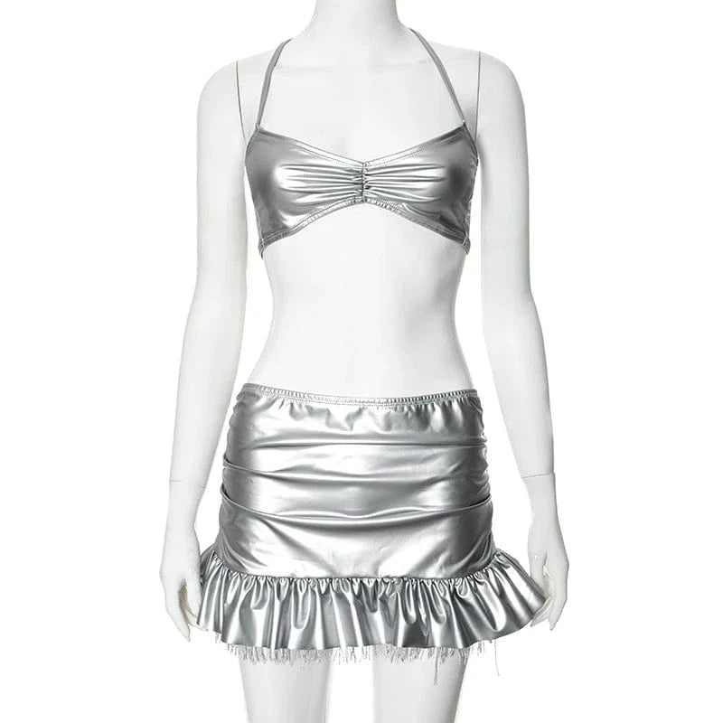 S / K24ST159 silver Bomblook K24ST159 Party Club Wear Halter Top Mini Skirt With Tassels PU Leather Tweed Set 2 Pieces Suit Women Solid Sets