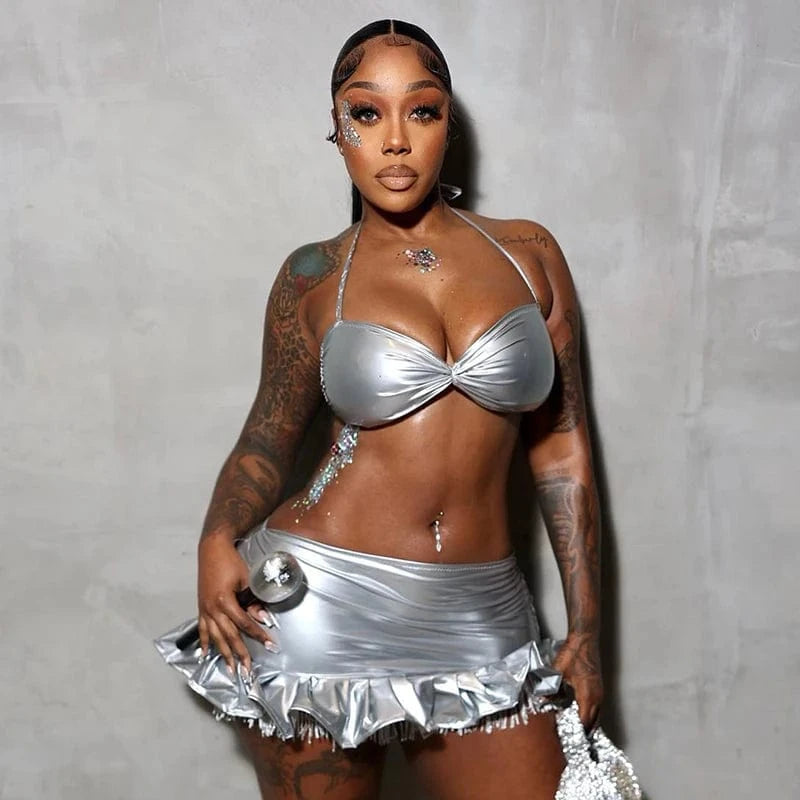 S / K24ST159 silver Bomblook K24ST159 Party Club Wear Halter Top Mini Skirt With Tassels PU Leather Tweed Set 2 Pieces Suit Women Solid Sets