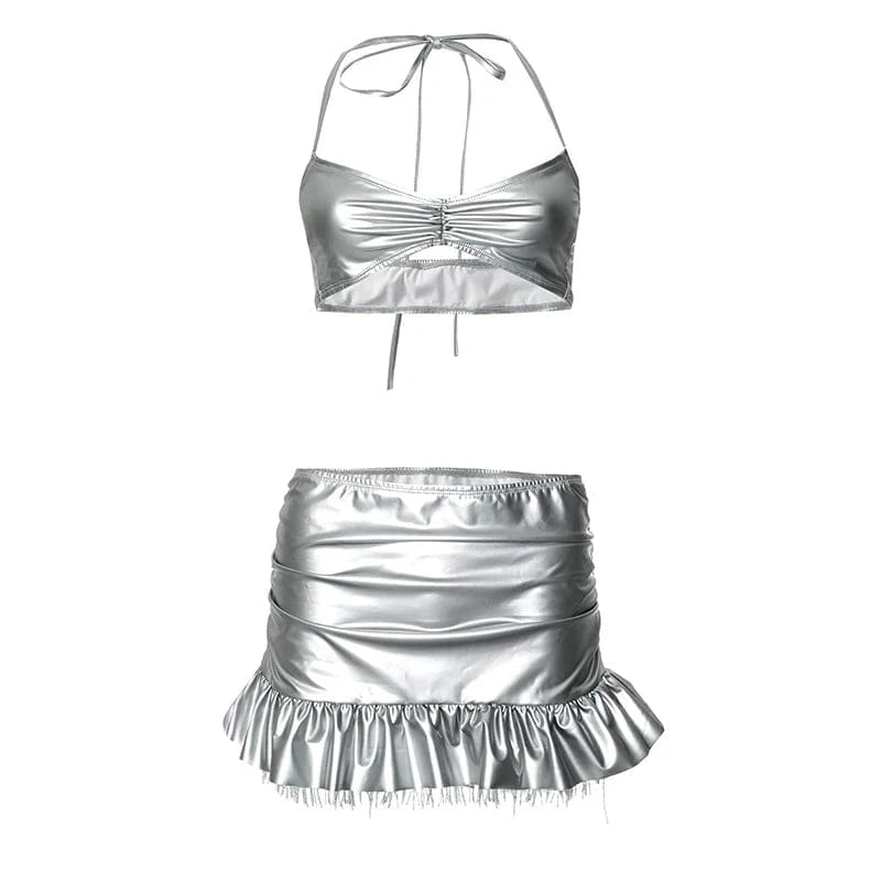 S / K24ST159 silver Bomblook K24ST159 Party Club Wear Halter Top Mini Skirt With Tassels PU Leather Tweed Set 2 Pieces Suit Women Solid Sets