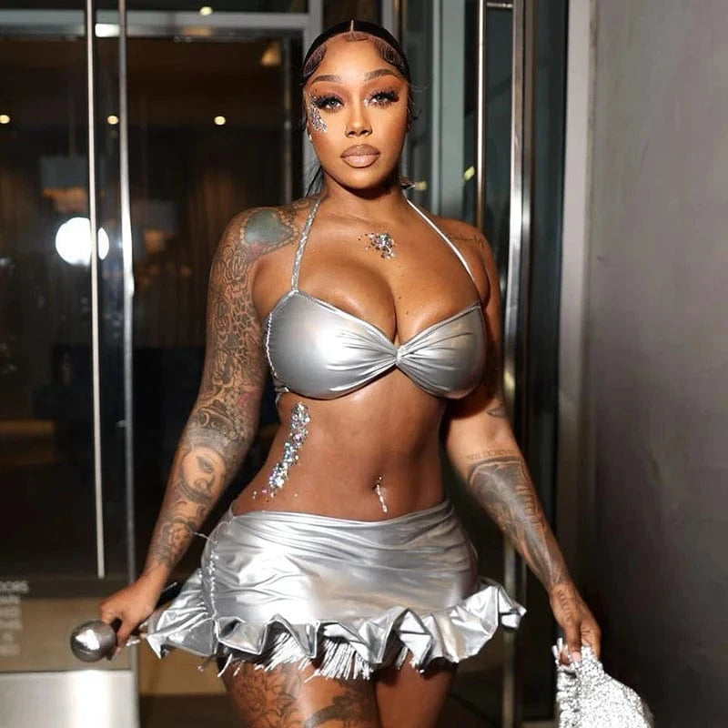 S / K24ST159 silver Bomblook K24ST159 Party Club Wear Halter Top Mini Skirt With Tassels PU Leather Tweed Set 2 Pieces Suit Women Solid Sets