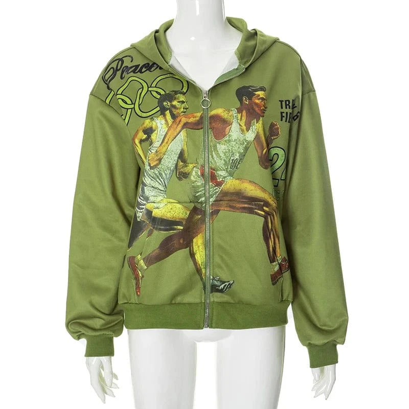 S / K24TP334 Green Bomblook K24TP334 New Autumn Print Fashion Coats For Women Graphic Long Sleeve Hooded Zipper Cardigans Casual Jackets for Women