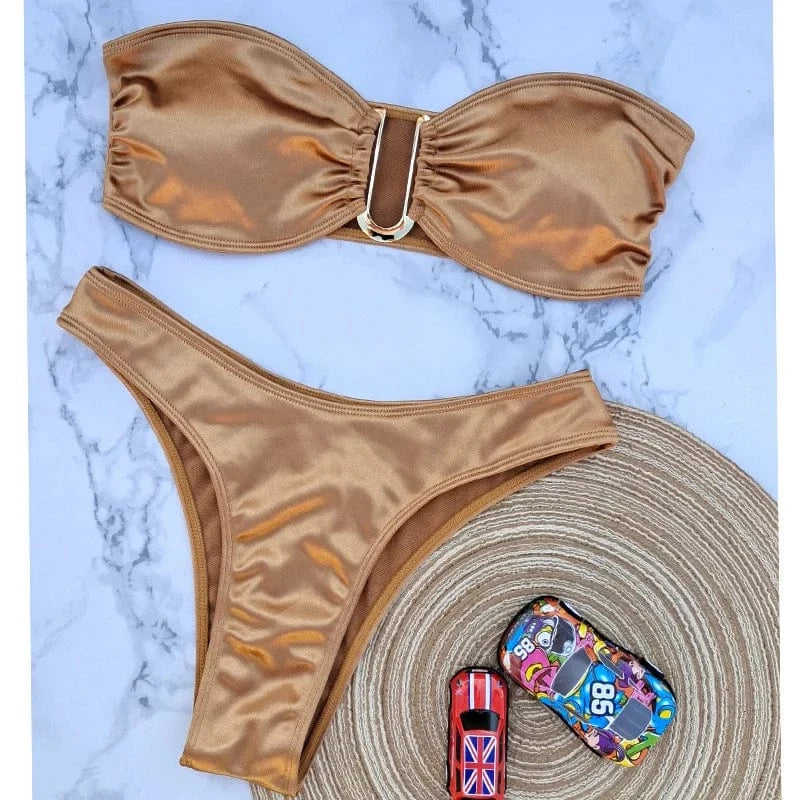 S / Khaki 2024 Nwt U Ring Low Cut Bandeau Swimwear Bikini Sets High Cut Strapless Swimsuit Summer Beach Bahing Suit