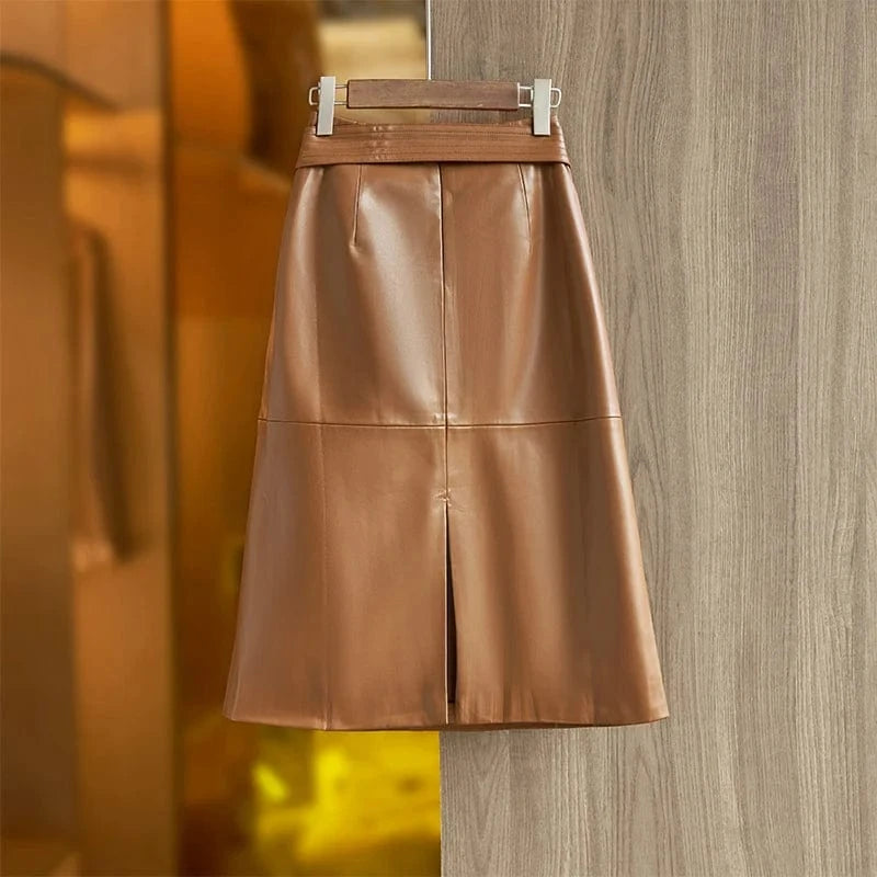S / Khaki Autumn Winter Korean Style Khaki Green PU Leather Skirt With Belt Casual A-line Quality Saia for Ladies
