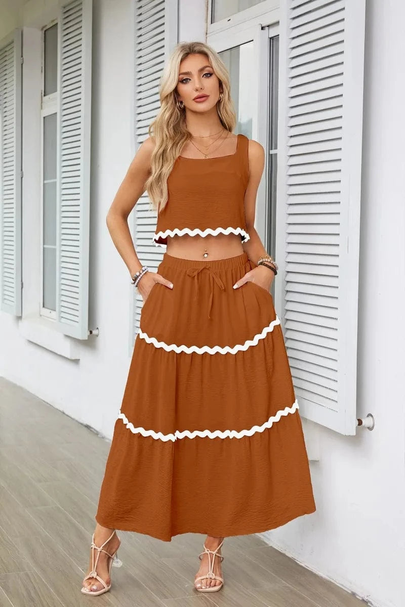 S / Khaki Casual 2-piece Skirt Set for Summer Women's Skirt Suit 2024 New SLeeveless MIni Vest+Lace-up A-line Skirts Set with Pockets